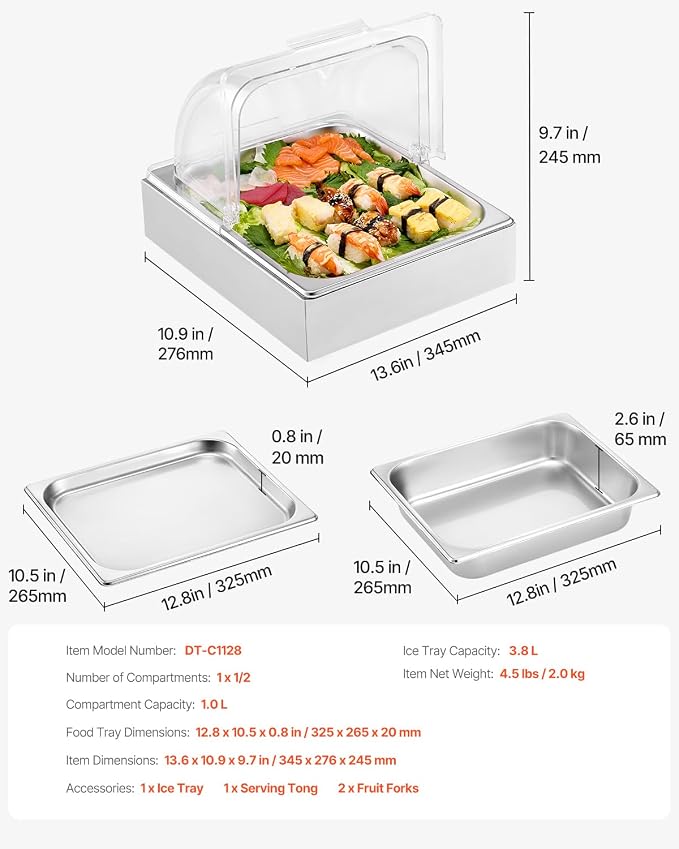 VEVOR Countertop Food Serving Display Container, 1 x 1/2 Pan Stainless Steel Food Serving Tray, Buffet Condiment Dispenser Display Rack with Clear Lid & Ice Tray, for Restaurant Hotel Kitchen Party