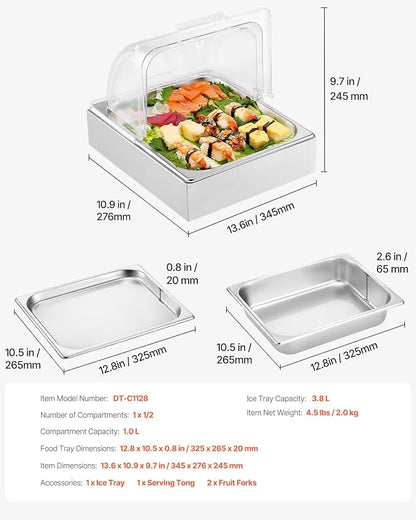 VEVOR Countertop Food Serving Display Container, 1 x 1/2 Pan Stainless Steel Food Serving Tray, Buffet Condiment Dispenser Display Rack with Clear Lid & Ice Tray, for Restaurant Hotel Kitchen Party