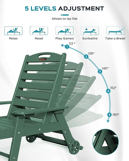 Ciokea Outdoor Chaise Lounge Chair Set of 2, Patio Lounge Chairs for Outside, HDPE Lounge Chair with Wheels & Cup Holder, Poly Chair with 5 Position for Poolside, Deck, Green
