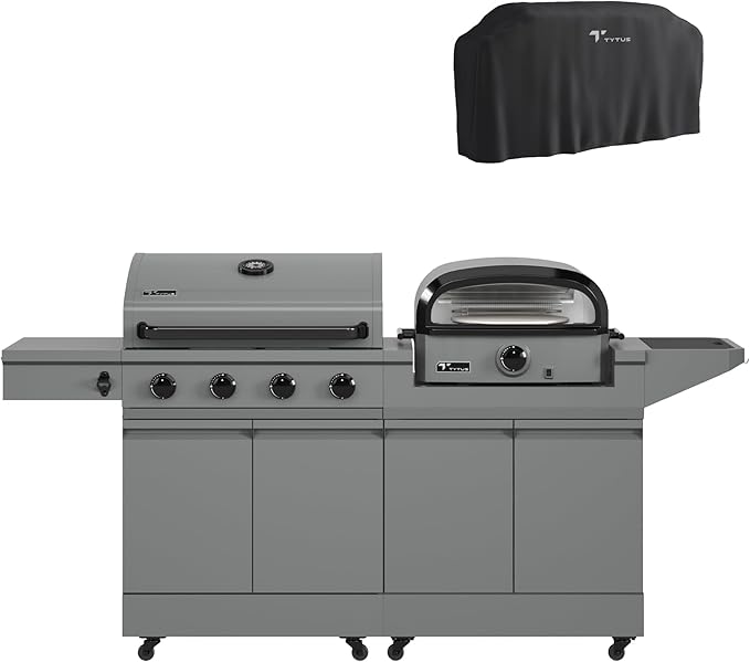 Tytus Anaheim 4-Burner Gas Grill with Prep Cart and Pizza Oven + Cover - Modular Outdoor Kitchen, Quick Assembly, Outdoor Cooking, Kitchen Island for BBQ
