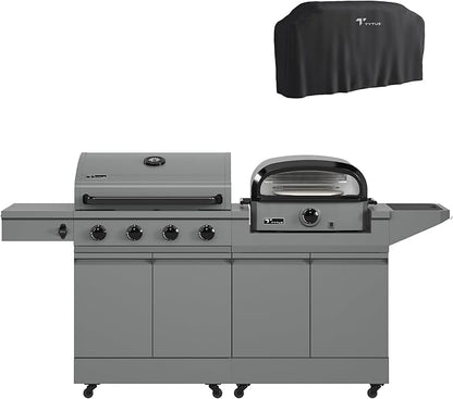 Tytus Anaheim 4-Burner Gas Grill with Prep Cart and Pizza Oven + Cover - Modular Outdoor Kitchen, Quick Assembly, Outdoor Cooking, Kitchen Island for BBQ