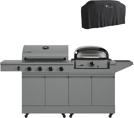 Tytus Anaheim 4-Burner Gas Grill with Prep Cart and Pizza Oven + Cover - Modular Outdoor Kitchen, Quick Assembly, Outdoor Cooking, Kitchen Island for BBQ
