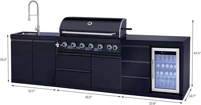Black 6-Burner 85000 BTU Stainless Steel Propane Gas Outdoor Kitchen Island Grill with Glass-Door Refrigerator, Trash Can, Pull-Out Sink & 3 Drawers | for Patio & Backyard BBQ