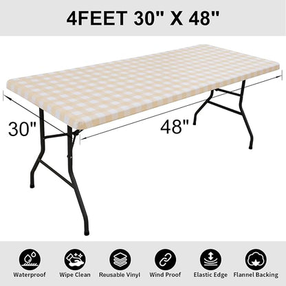 Smiry Rectangle Picnic Table Cloth, Elastic Waterproof Fitted Vinyl Tablecloths, Flannel Backed Buffalo Plaid Table Covers for Dining, Camping, Outdoor (White and Beige, 30" x 48")