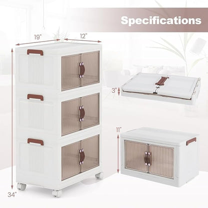 HOMGX 3 Tier Stackable Storage Bins, Collapsible Closet Organizers w/Wheels and Lids, Foldable Cabinet Front and Top Open, Foldable Plastic Containers for Kitchen (25.5 Gal (19" x 12" x 34"))