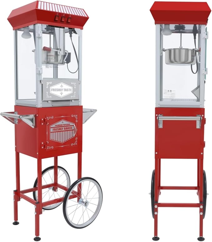 12 Oz Nostalgia Professional Popcorn Cart Makes Up to 64 Cups, Popper Maker with Warming Deck and Old Maids Drawer, Movie Night Supplies for Home & Parties, Red