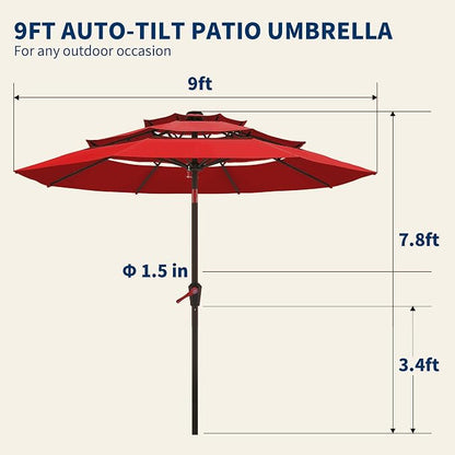9FT 3 Tiers Patio Umbrella With Auto Tilt And Crank, Outdoor Table Market Umbrella with 8 Sturdy Ribs for Garden, Lawn, Deck, Backyard and Pool