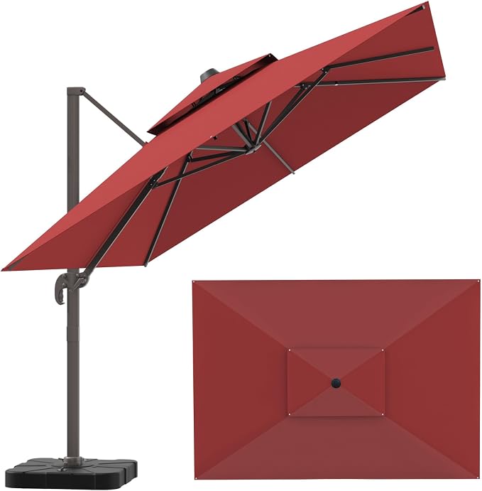 10x13FT Cantilever Outdoor Patio Umbrellas，Double Top Large Rectangle Umbrella Heavy Duty 360°Rotation Offset Outdoor Sun Shade Umbrella for Garden Deck Pool Backyard Patio, Red