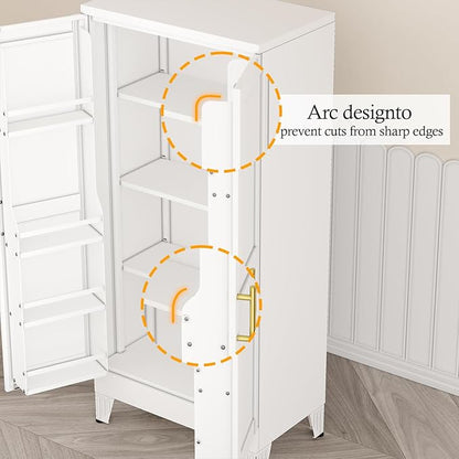 White Pantry Storage Cabinet, 48" Kitchen Pantry with Doors and 3 Adjustable Shelves, Metal Freestanding Buffet Cupboards Sideboard, for Office, Home, Garage, School
