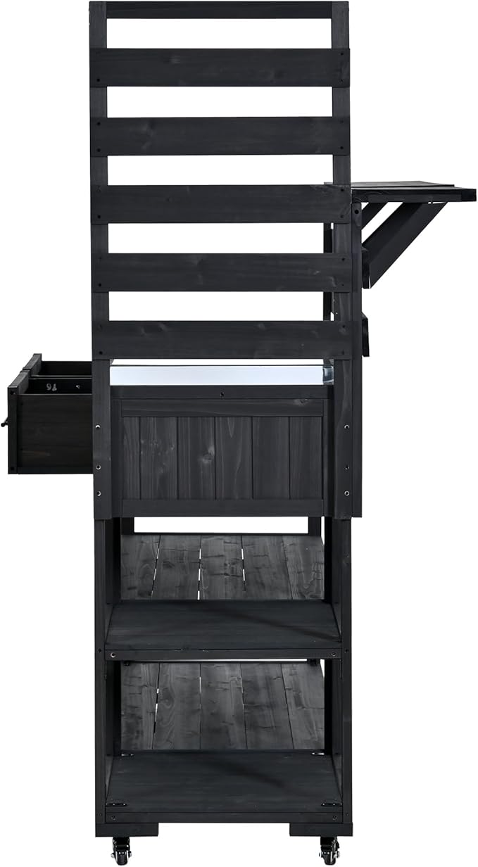 GDFStudio Elshire Patio Kitchen Island Cart with Storage, Wooden Outdoor Storage Cabinet with Stainless Steel BBQ Prep Table Top, Drawers, Raised Shelf and Lockable Wheels, Garden Potting Bench, Black