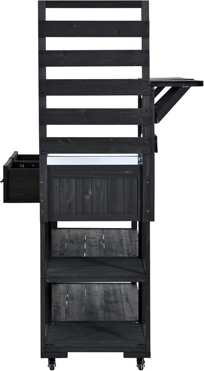 GDFStudio Elshire Patio Kitchen Island Cart with Storage, Wooden Outdoor Storage Cabinet with Stainless Steel BBQ Prep Table Top, Drawers, Raised Shelf and Lockable Wheels, Garden Potting Bench, Black