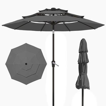 10FT Patio Umbrella 3 Tiers Outdoor Market Umbrella w/Push Button Tilt, Crank, UV and Waterproof Table Umbrella for Garden, Pool, Backyard, Deck, Lawn, Grey
