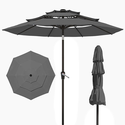 10FT Patio Umbrella 3 Tiers Outdoor Market Umbrella w/Push Button Tilt, Crank, UV and Waterproof Table Umbrella for Garden, Pool, Backyard, Deck, Lawn, Grey