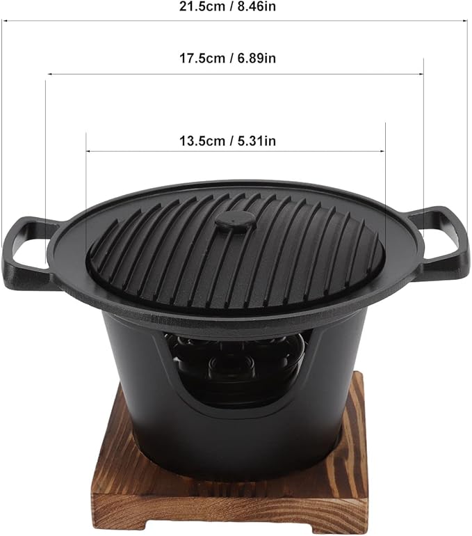 Charcoal Grill, Portable Charcoal Grill Japanese Hibachi Grill with Wooden Base, 8.46 X 6.89 X 5.31in Portable Grill Smokeless Cast Iron Hibachi Grill Grill for BBQ