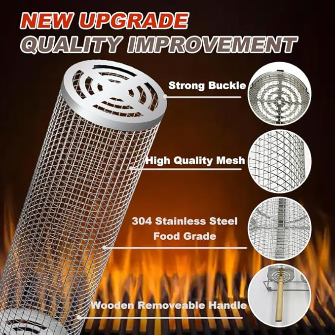 Nesting Rolling Grill Baskets 2PCS,304 Stainless Steel BBQ Tools with Removable Wooden Handle for Vegetables,Shrimp,Camping,Backyard,Outdoor Grilling Accessories,Grilling Gifts for Men