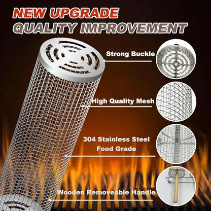 Nesting Rolling Grill Baskets 2PCS,304 Stainless Steel BBQ Tools with Removable Wooden Handle for Vegetables,Shrimp,Camping,Backyard,Outdoor Grilling Accessories,Grilling Gifts for Men