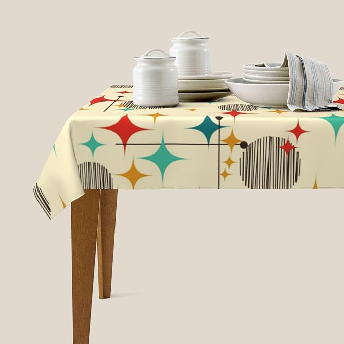 Mid Century Modern Atomic Retro Tablecloth Rectangle 54"x72" Yellow | Waterproof Table Cloth For Kitchen Dining Party Patio Picnic Wedding Outdoor Indoor Home Decor