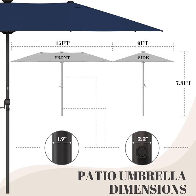 GDPFN 15ft Rectangular Patio Umbrella with Solar LED Lights, Double-Sided Outdoor Market Umbrella Extra Large Shade for Pool, Deck, Backyard, Garden, Navy Blue (Base Not Include)
