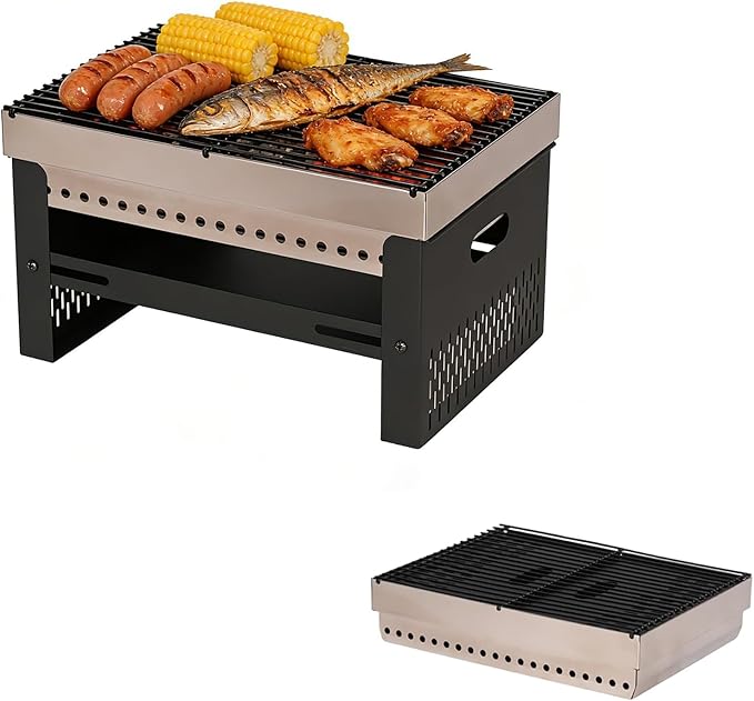 Portable Charcoal Grill, Small Tabletop BBQ, Foldable Mini Hibachi, Stainless Steel Camping Grill, Compact Outdoor Cooker for Picnic, Tailgating Chac Grl 002PBLK