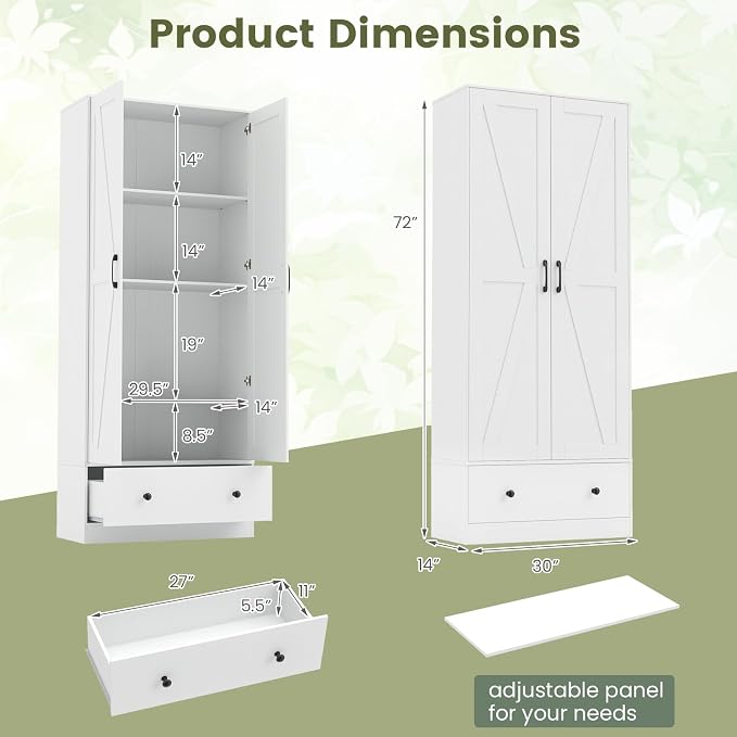 GIANTEX 72" Tall Kitchen Pantry Cabinet, Farmhouse Cupboard, White | Wooden Buffet Cabinet w/ 2 Doors, Drawer & Adjustable Shelf, Freestanding Versatile Storage Cabinet for Living Room Bathroom