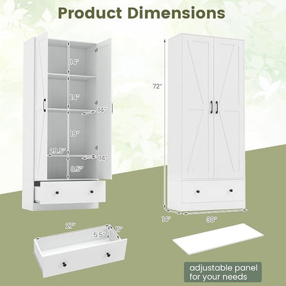 GIANTEX 72" Tall Kitchen Pantry Cabinet, Farmhouse Cupboard, White | Wooden Buffet Cabinet w/ 2 Doors, Drawer & Adjustable Shelf, Freestanding Versatile Storage Cabinet for Living Room Bathroom