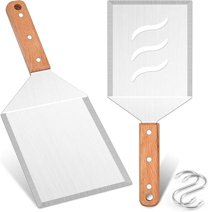 Extra Large Metal Burger Spatula Set of 2, Leonyo Heavy Duty Stainless Steel Griddle Slotted Hamburger Turner, Barbecue Cast Iron Grilling Flat Top Griddle Accessories, Wooden Handle