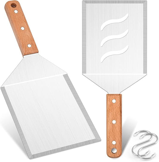 Extra Large Metal Burger Spatula Set of 2, Leonyo Heavy Duty Stainless Steel Griddle Slotted Hamburger Turner, Barbecue Cast Iron Grilling Flat Top Griddle Accessories, Wooden Handle