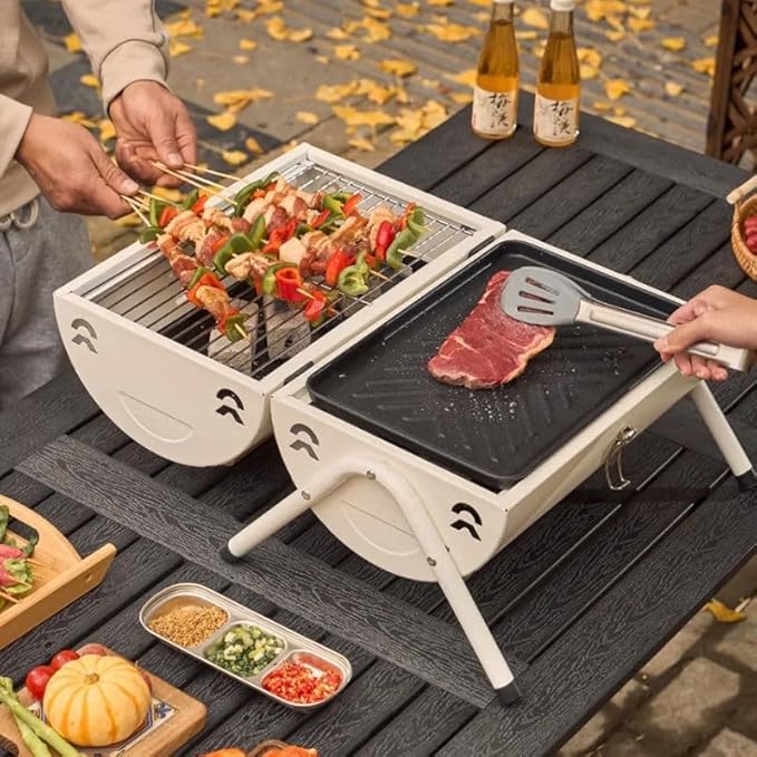 Portable Charcoal BBQ Grill, 16.7x11.4x11.6 inches, Foldable Steel Construction with Ash Pan, Smokeless Design for Camping and Outdoor Cooking (Circular oven [White])