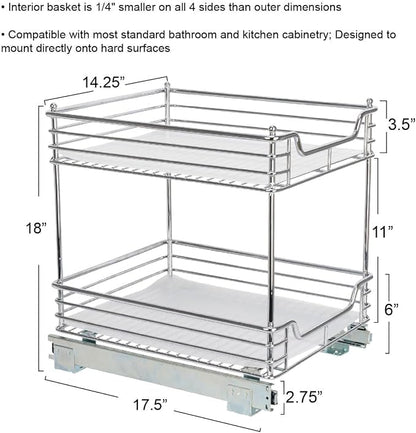 Household Essentials Glidez Chrome-Plated Steel Pull-Out/Slide-Out Storage Organizer with Plastic Liners for Under Cabinet Use - 2-Tier Design - Fits Standard Size Cabinet or Shelf, Chrome