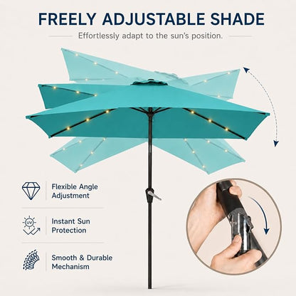 6.5 x 10ft Rectangular Patio Umbrella with Solar Lights, 16 LED Lighted Market Umbrella with Push-Button Tilt and Crank, 6 Sturdy Iron Ribs for Garden, Deck, Pool, Turquoise Blue
