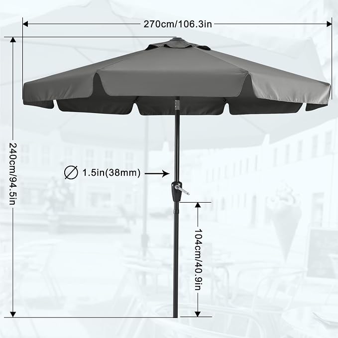 MASTERCANOPY 9ft Patio Umbrella with Valance, Crank & Tilt, Dark Gray | 8 ribs, UV/fade-resist, waterproof, vent, for garden/deck/yard/pool