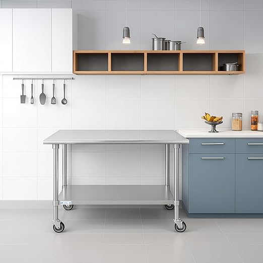 Hally Stainless Steel Table for Prep & Work 30 x 48 Inches with Caster Wheels, NSF Commercial Heavy Duty Table with Undershelf and Galvanized Legs for Restaurant, Home and Hotel