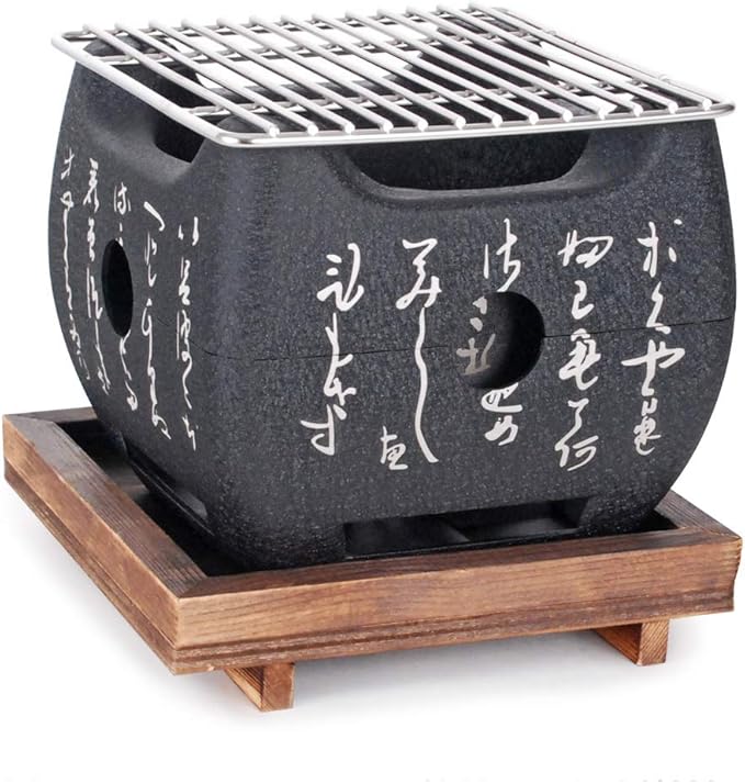Aluminum Japanese Tabletop Shichirin Konro Charcoal Grill With Wire Mesh Grill and Wooden Base Hibachi Style Yakiniku Grill (5.9 inch Square)