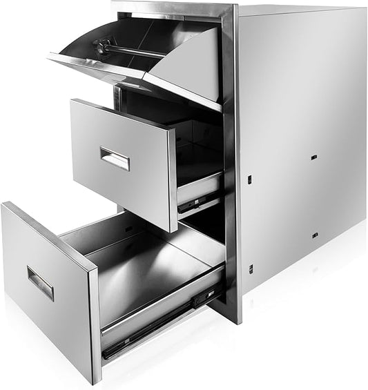 Outdoor Kitchen Triple Drawers 17'' W x 30'' H x 21'' D Stainless Steel BBQ Island Drawers with Handle Enclosed Built-in Flush Mount Drawer for Outdoor Kitchen Island Patio Grill Station