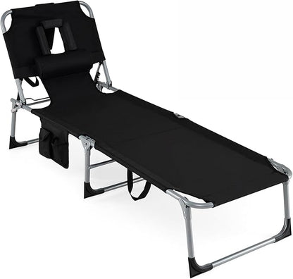 COSTWAY Tanning Chair with Face Hole, Folding Beach Lounge Chair with 4-Position Adjustable Backrest, Pillow & Side Pocket, Foldable Chaise Lounge Chair Outdoor for Sunbathing, Camping (1, Black)