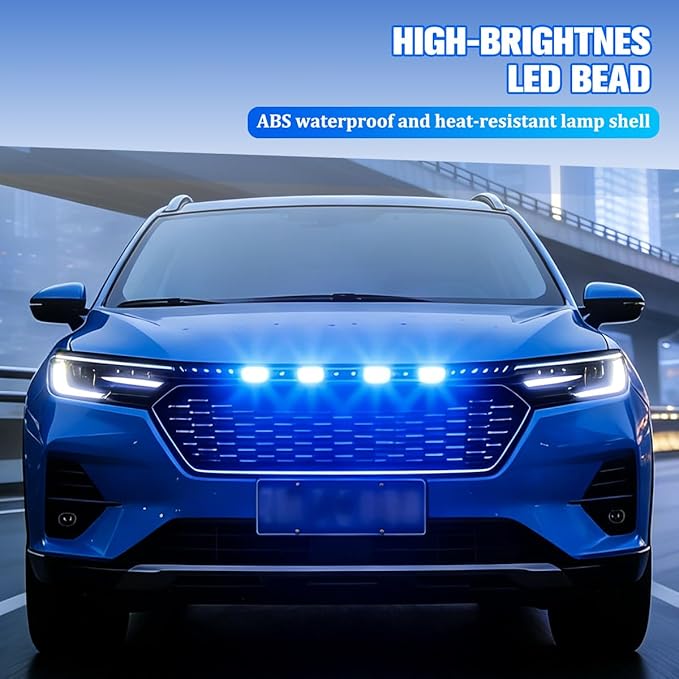HZEL 4PCS Car Grille Lights, Bright Vehicle Front Grill Trim DRL Lamp with Wiring Harness, Waterproof Auto Exterior Grille Bumper LED Running Light, Compatible with F150 F250 F350 (Blue)