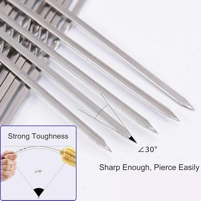 12PCS Kabob Skewers Flat Metal BBQ Barbecue Skewer 14" Long Stainless Steel Shish Kebob Sticks Wide Reusable Grilling Skewers Set for Meat Shrimp Chicken Vegetable, 12 Pack
