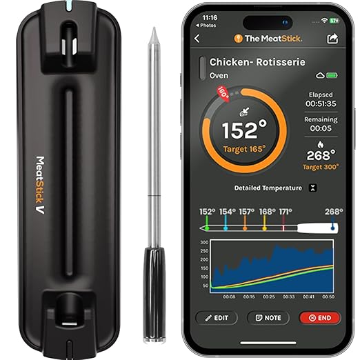 MeatStick V Prime Wireless Meat Thermometer, 1200°F Heat Resistance, Unlimited Range WiFi & Bluetooth, Smart Digital Probe for Grilling, Smoking, Sous Vide, BBQ, Air Fryer, Oven, Smoker