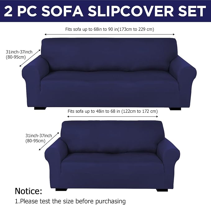 Peryiter 2 Pcs Couch and Loveseat Sofa Covers,Navy Blue,Milk Silk | Armchair Covers for Living Room, Sofa Cushion Slipcover 2/3 Seater, Furniture Protector, Polyester and Spandex, Washable