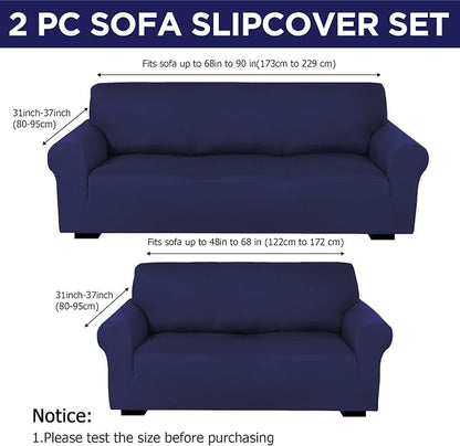 Peryiter 2 Pcs Couch and Loveseat Sofa Covers,Navy Blue,Milk Silk | Armchair Covers for Living Room, Sofa Cushion Slipcover 2/3 Seater, Furniture Protector, Polyester and Spandex, Washable
