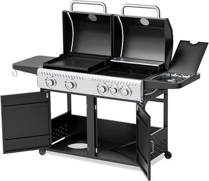 EROMMY Integrated design of baking tray and grill, Propane Grill with Side Burner, Porcelain-Enameled Cast Iron Grates, 646SQIN Large Cooking Area for Outdoor Patio Backyard Barbecue & Party Events