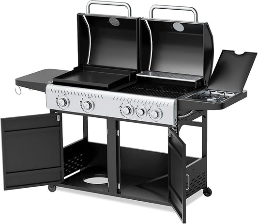 EROMMY Integrated design of baking tray and grill, Propane Grill with Side Burner, Porcelain-Enameled Cast Iron Grates, 646SQIN Large Cooking Area for Outdoor Patio Backyard Barbecue & Party Events