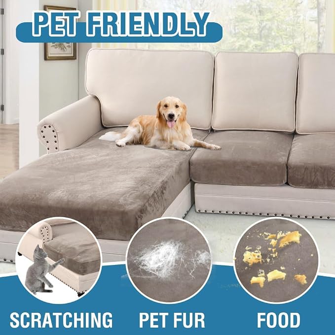 H.VERSAILTEX Velvet Stretch Sectional Couch Covers 3 Pieces Sofa Seat Cushion Covers L Shape Separate Cushion Couch Cover for Both Left/Right Sectional Couch (Large Sofa 2 Seater + 1 Chaise, Taupe)
