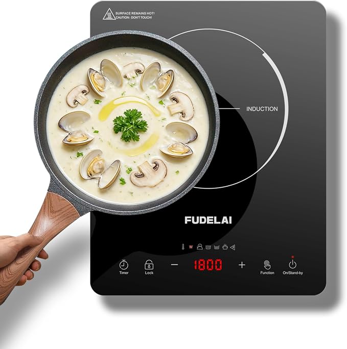 Portable Induction Cooktop, 1800W, 20 Settings, Hot Pot, RV Camping | Induction cooktop with 20 temp/power settings, child lock, turbo cooling, 6.9-inch coil, hot pot mode, RV, camping, dorm use