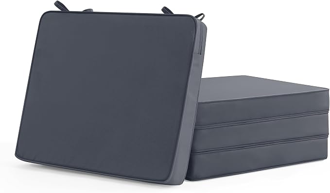 Outdoor Chair Cushions Set of 4: Waterproof & Fade Resistant Seat Cushion for Patio Furniture - 18.5 x 16 x 2 Inch Chair Pads with Ties and Hidden Zipper - Patio Chair Cushion Replacement, Dark Grey