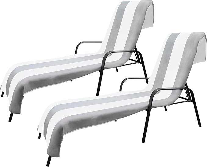 Superior Cabana Cotton Lounge Chair Cover, Outdoor Towel, Terry Cloth, Beach, Spa, Swim Accessories, Pool Chair Cover, Soft, Quick Drying, 32" x 102", Set of 2, Light Grey