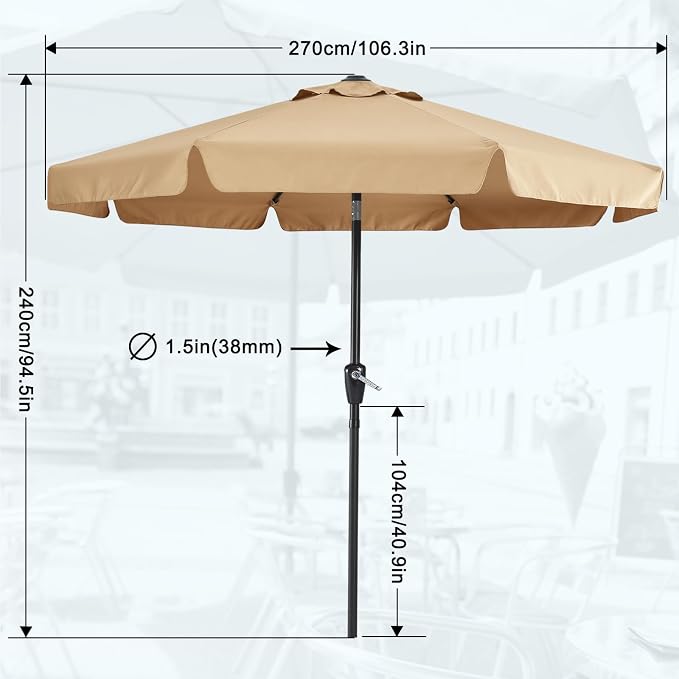 MASTERCANOPY 9ft Patio Umbrella with Valance, Crank & Tilt, Khaki | 8 ribs, UV/fade-resist, waterproof, vent, for garden/deck/yard/pool