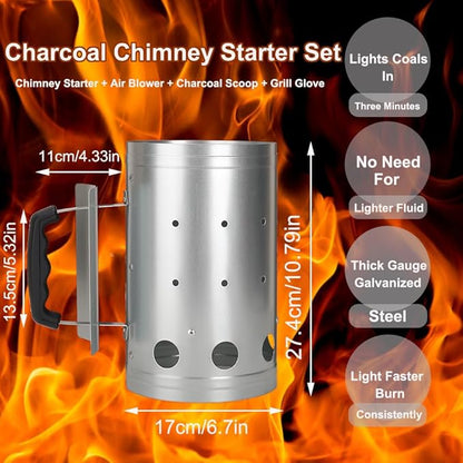 Palmhill Premium Charcoal Chimney Starter Set with Hand Crank Blower, Heat-Resistant Glove & Coal Shovel – Fast & Safe BBQ Charcoal Ignition for Grilling, Camping, and Outdoor Cooking