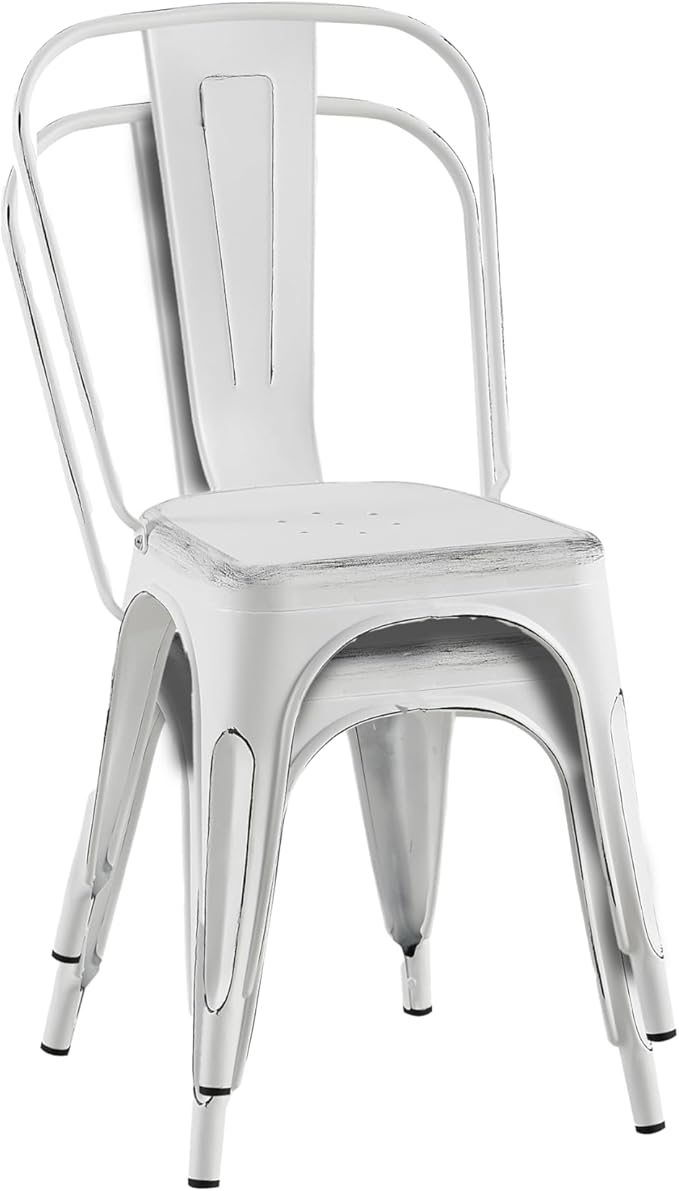AC Pacific Stackable Metal Dining Chairs Set of 4 for Indoor and Outdoor Use, Durable Stacking Seat, Farmhouse Kitchen, Bar, Patio, Bistro, Cafe, Industrial Style, Sanded Matte White