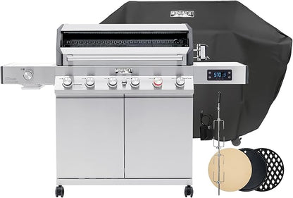 Monument Grills 6+1 Burner Smart Propane Gas Grill, Denali 605Pro Stainless Steel Grill 78,000 BTU Outdoor Barbecue Grill with Side Burner, Pizza Stone, Round Cooking Plate & Grid, Cover, Rotisserie